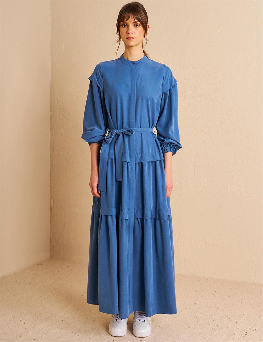 Eteği Katlı Modal Elbise İndigo