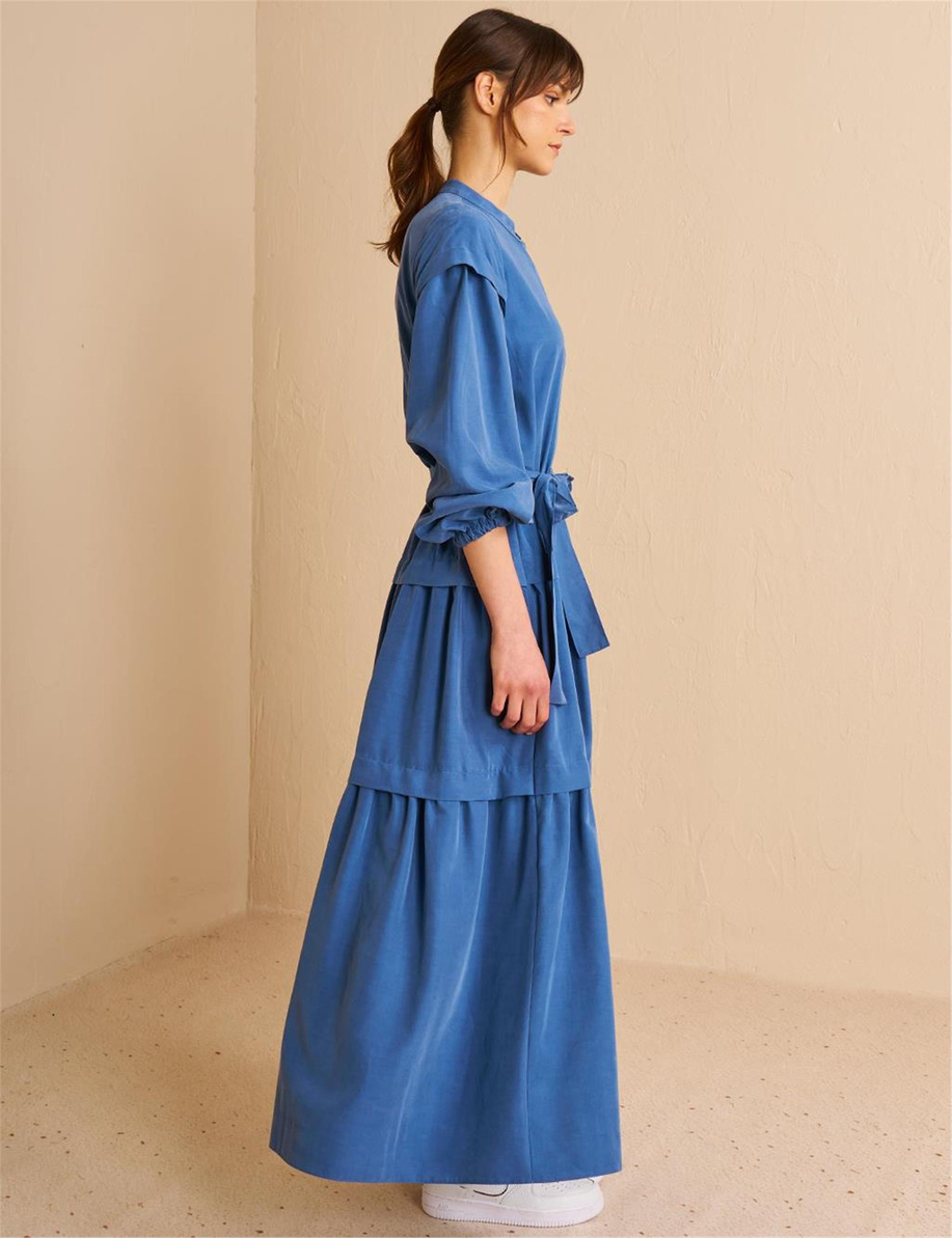 Eteği Katlı Modal Elbise İndigo