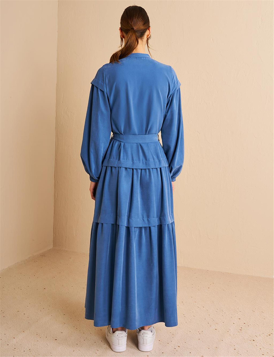 Eteği Katlı Modal Elbise İndigo