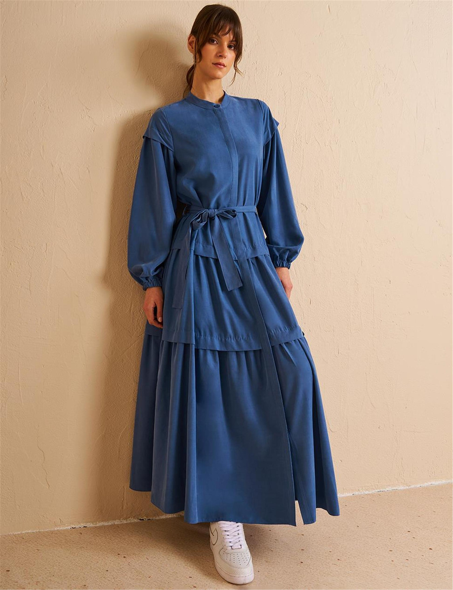 Eteği Katlı Modal Elbise İndigo