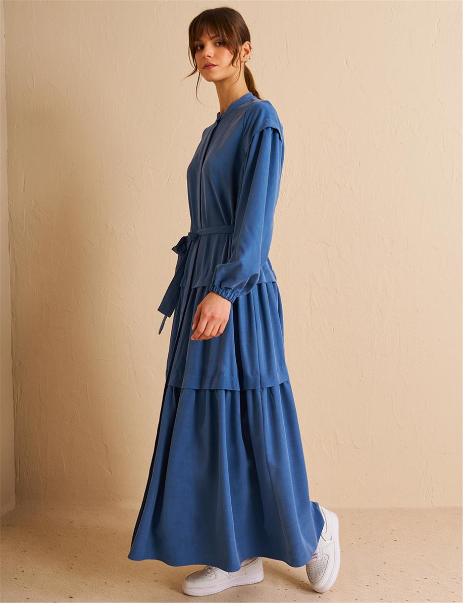 Eteği Katlı Modal Elbise İndigo