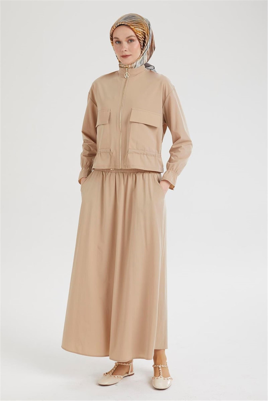 Etek Beli Lastikli Önlerden Cepli Ceketli İkili Takım Bej 25YT659