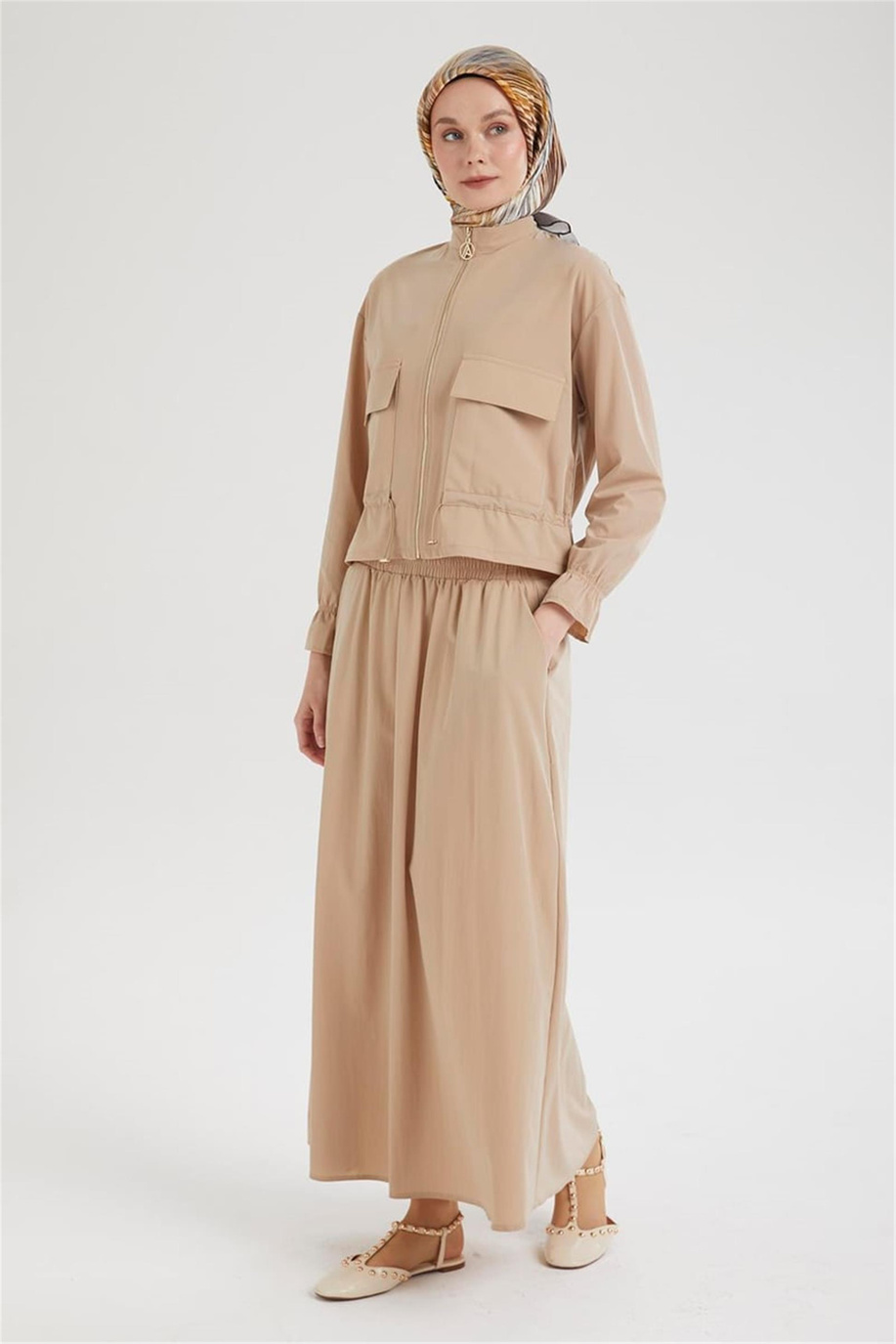 Etek Beli Lastikli Önlerden Cepli Ceketli İkili Takım Bej 25YT659