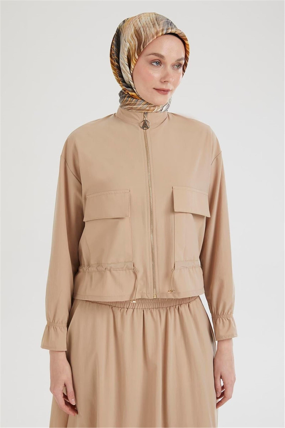 Etek Beli Lastikli Önlerden Cepli Ceketli İkili Takım Bej 25YT659