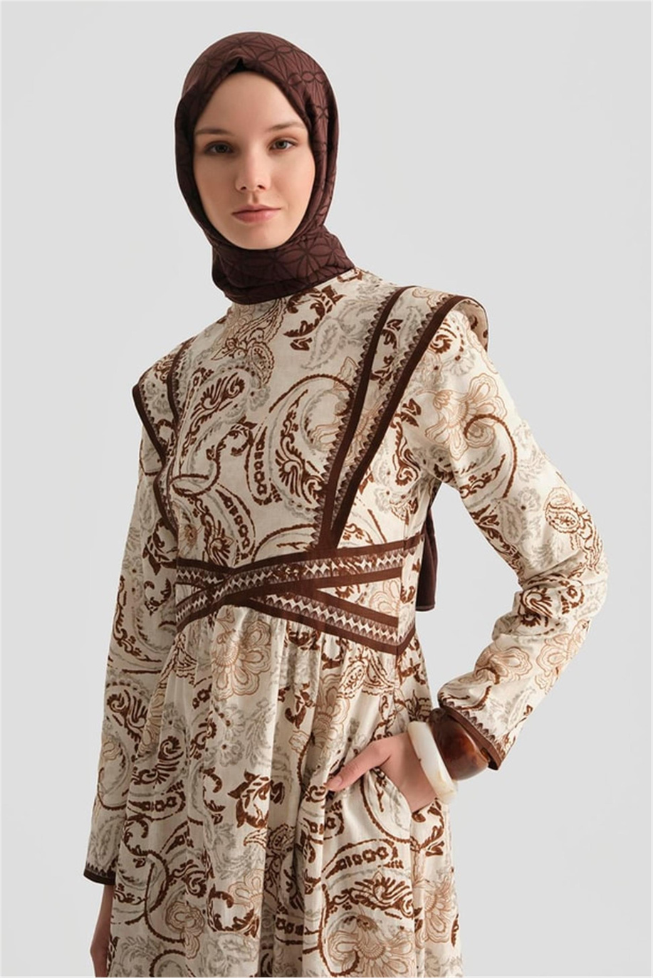 Etnik Desenli Keten Elbise Kahve - 25Y9008
