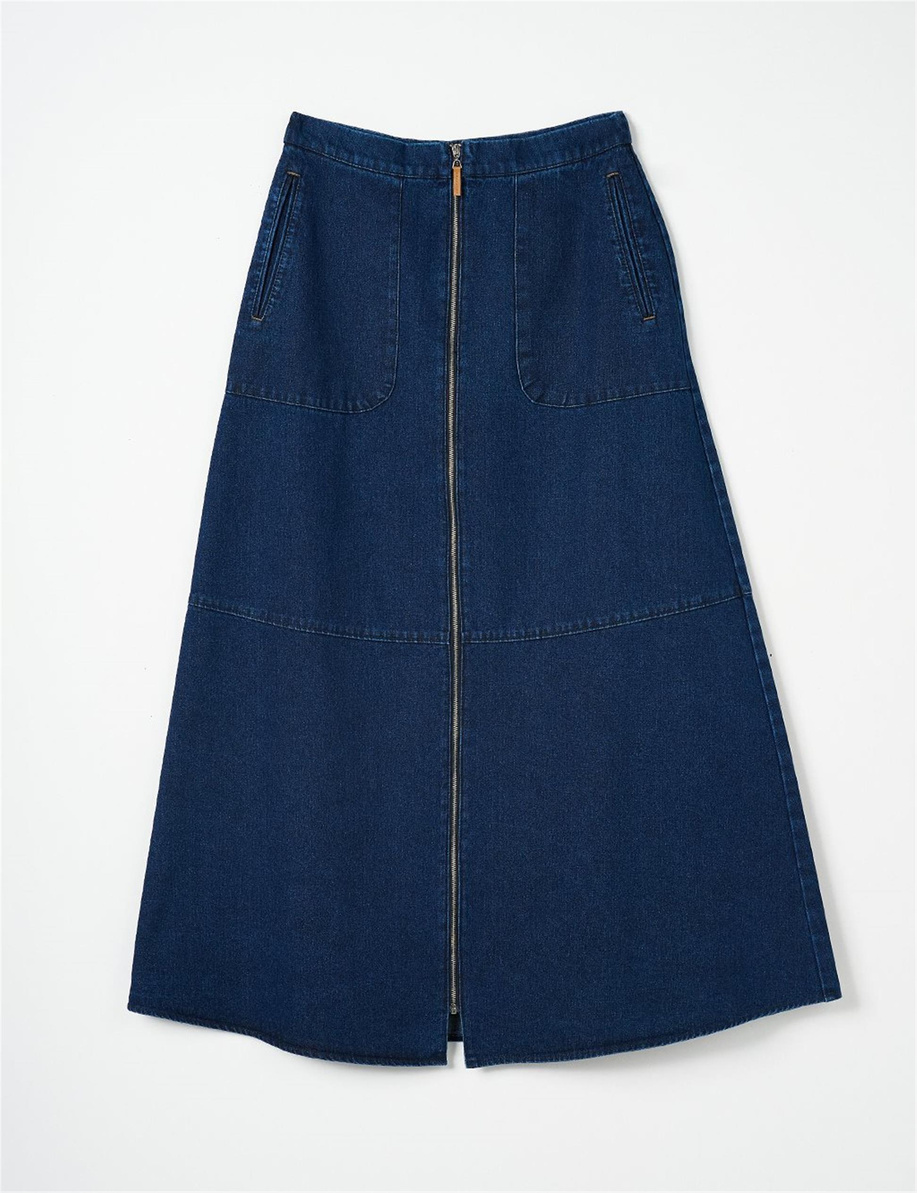 Fermuar Kapamalı Denim Lacivert Etek