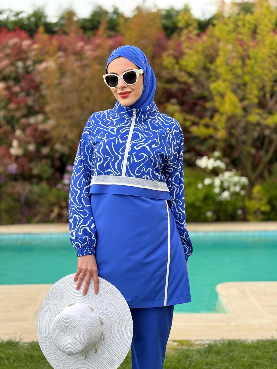 File Detaylı Biyeli Tesettür Mayo Elektrik Mavisi
