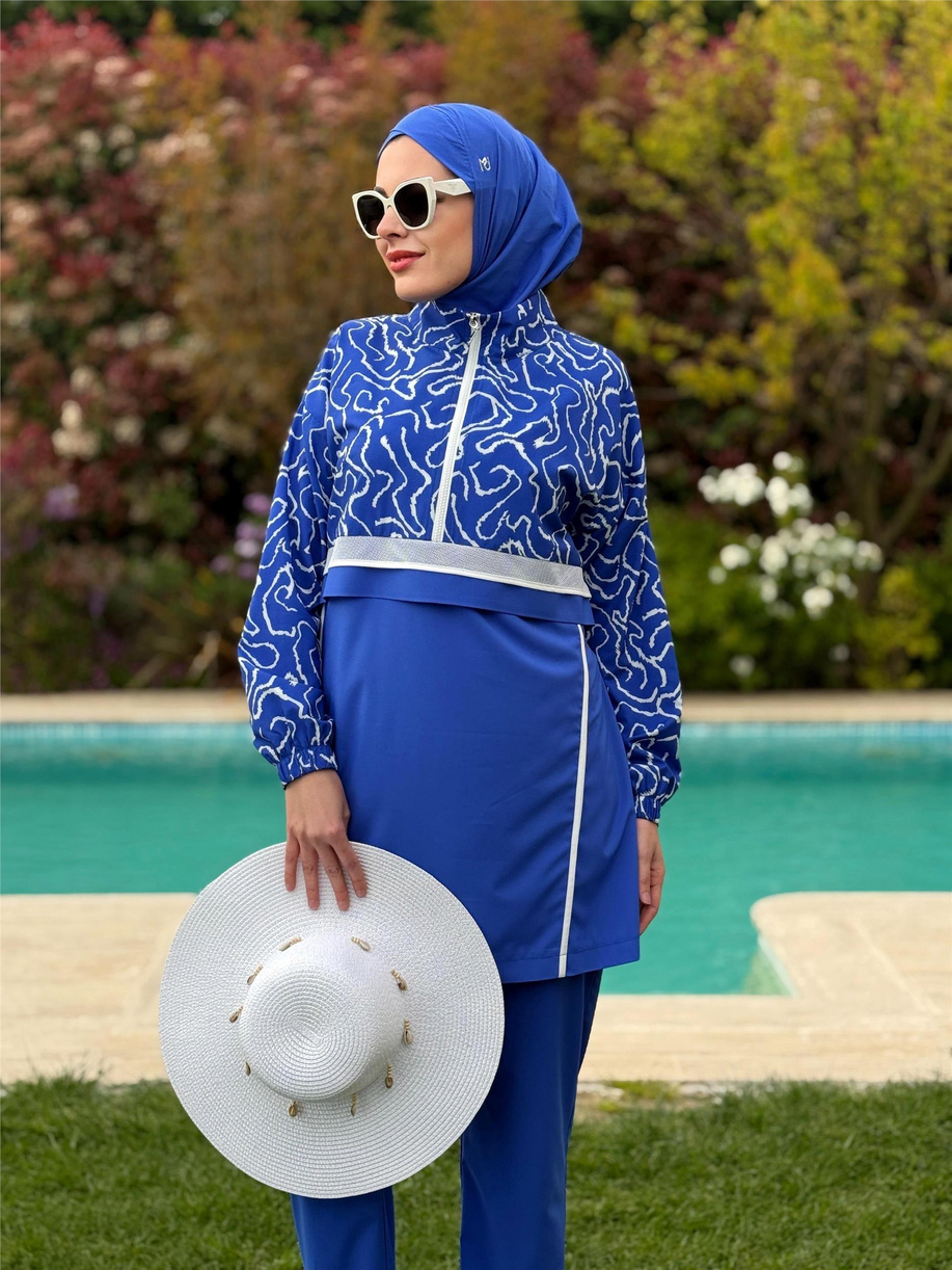 File Detaylı Biyeli Tesettür Mayo Elektrik Mavisi