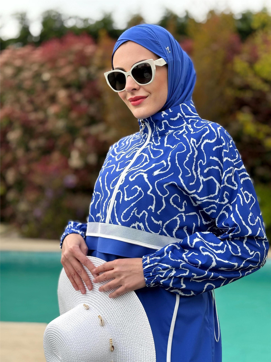 File Detaylı Biyeli Tesettür Mayo Elektrik Mavisi