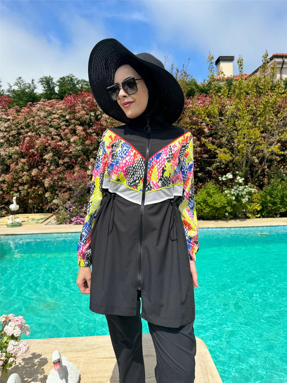 File Şeritli Tesettür Mayo Siyah