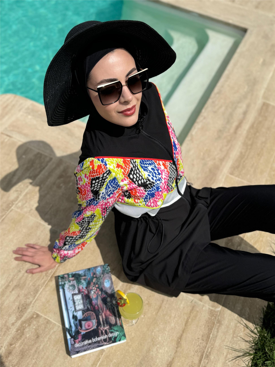 File Şeritli Tesettür Mayo Siyah