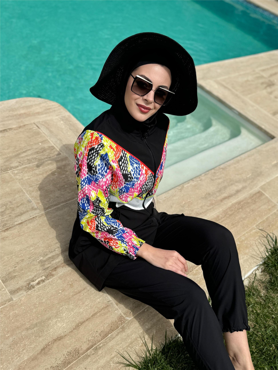 File Şeritli Tesettür Mayo Siyah