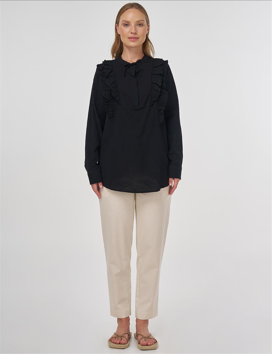 Fırfır Detaylı Pamuklu Tunik Siyah