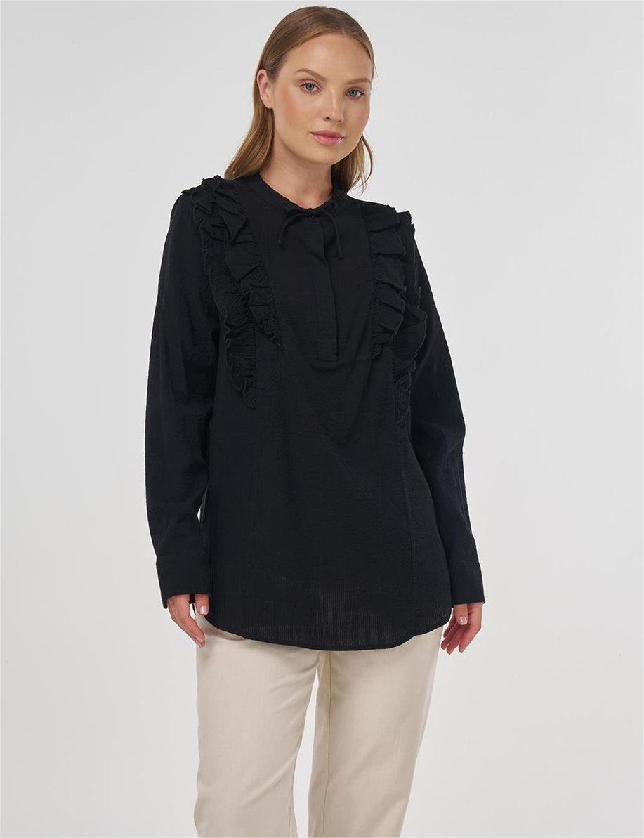 Fırfır Detaylı Pamuklu Tunik Siyah