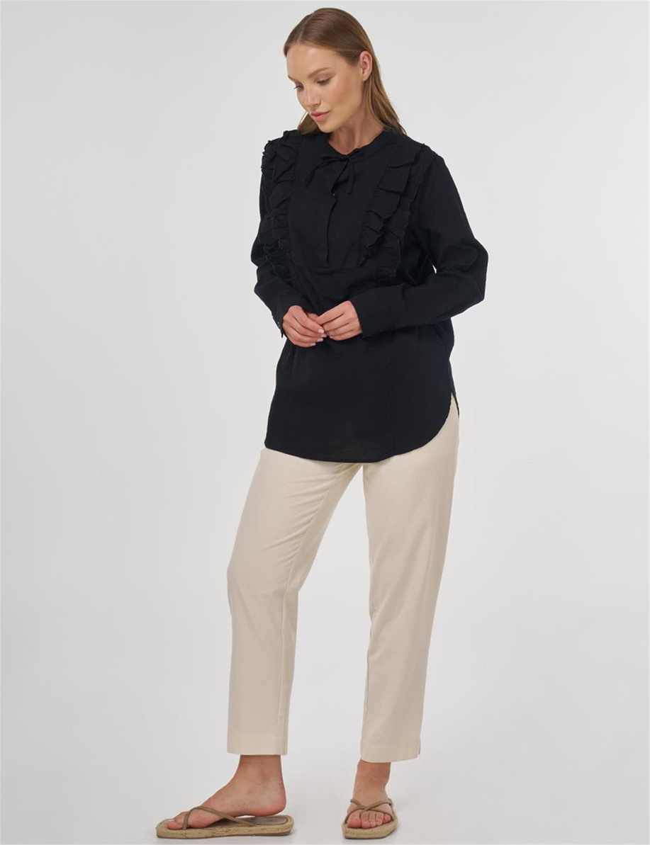 Fırfır Detaylı Pamuklu Tunik Siyah