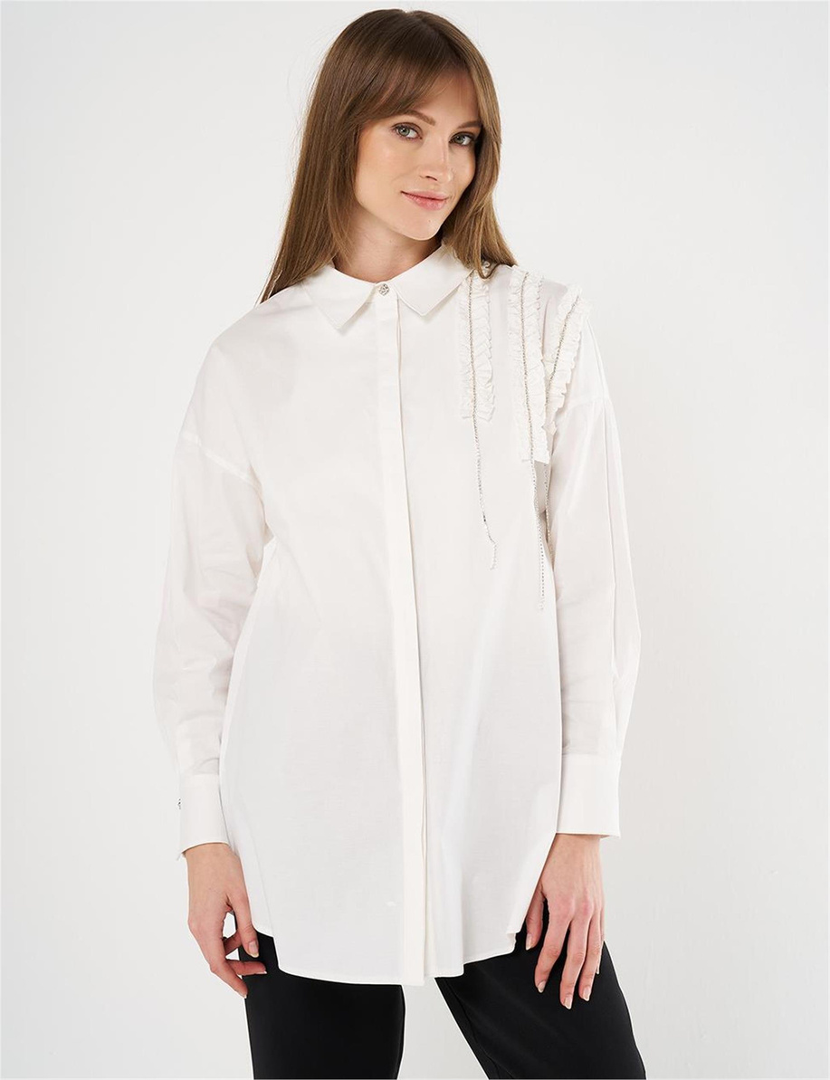 Fırfırlı Poplin Tunik Ekru