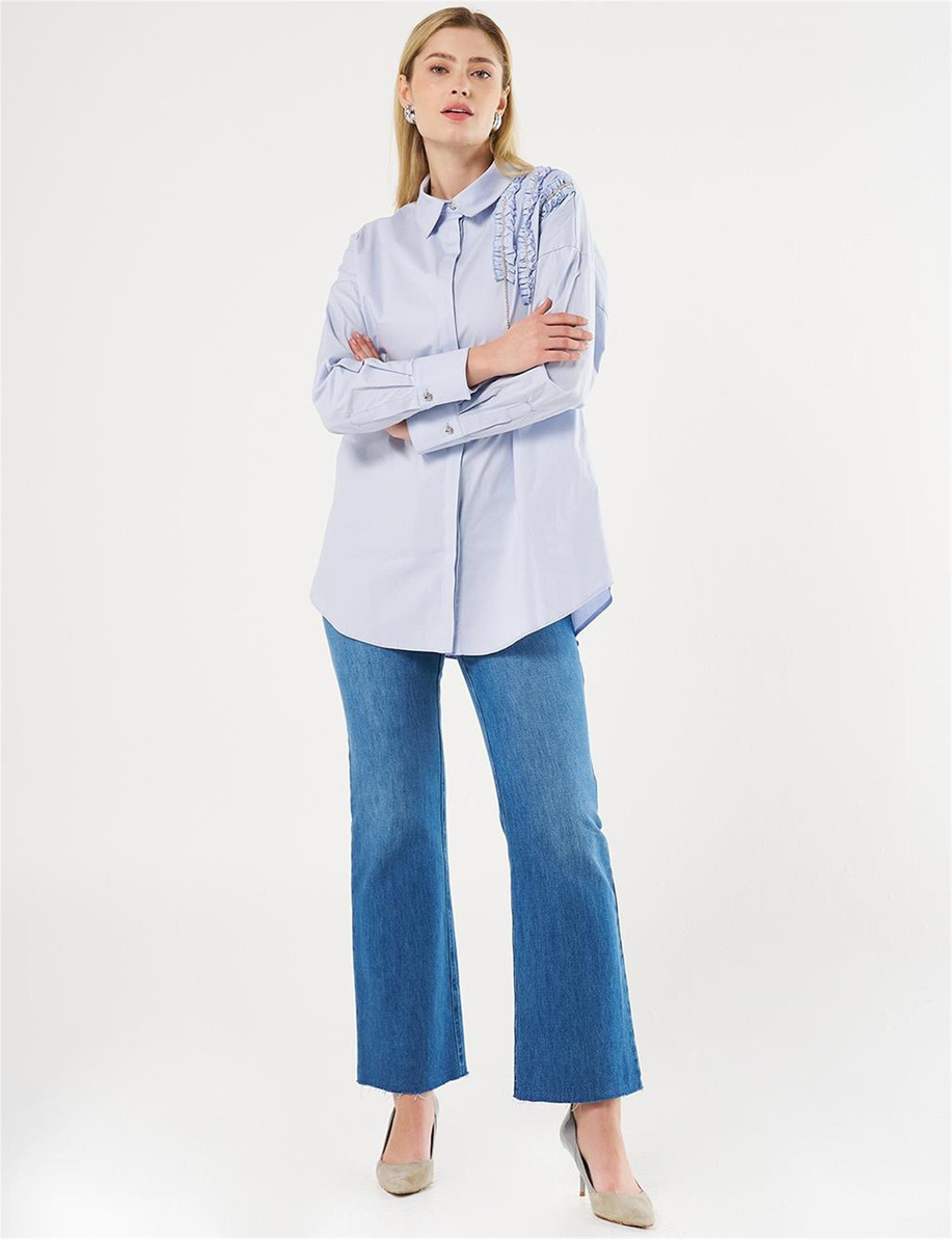 Fırfırlı Poplin Tunik Mavi