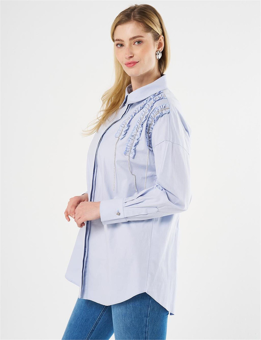 Fırfırlı Poplin Tunik Mavi