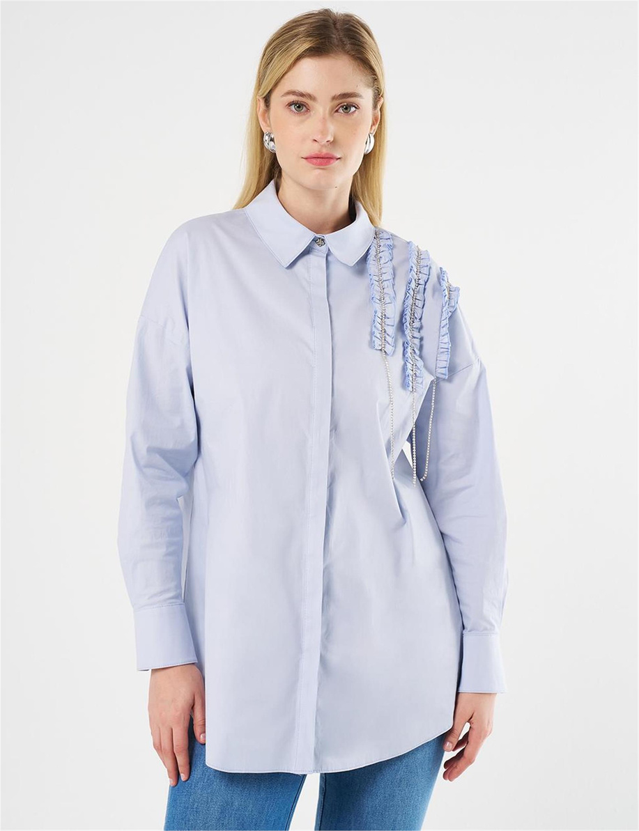 Fırfırlı Poplin Tunik Mavi