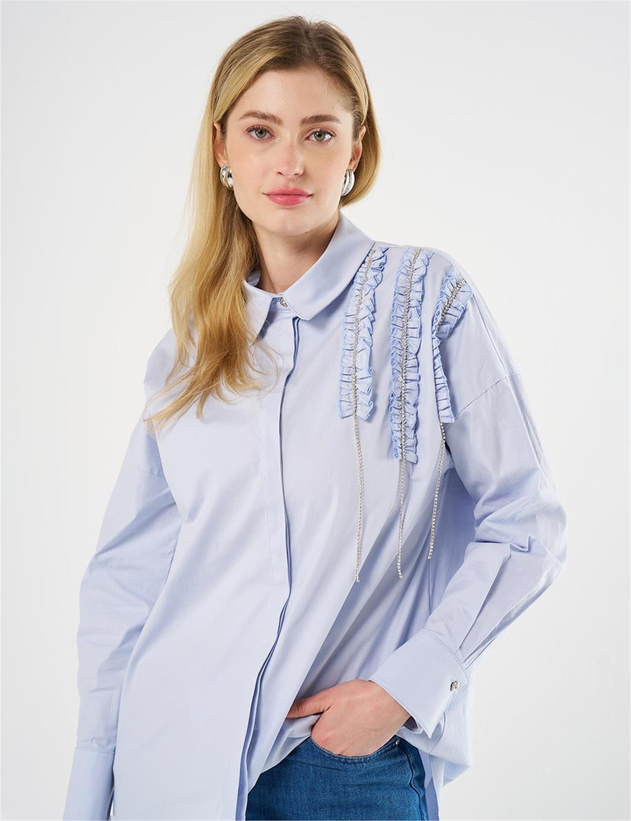 Fırfırlı Poplin Tunik Mavi