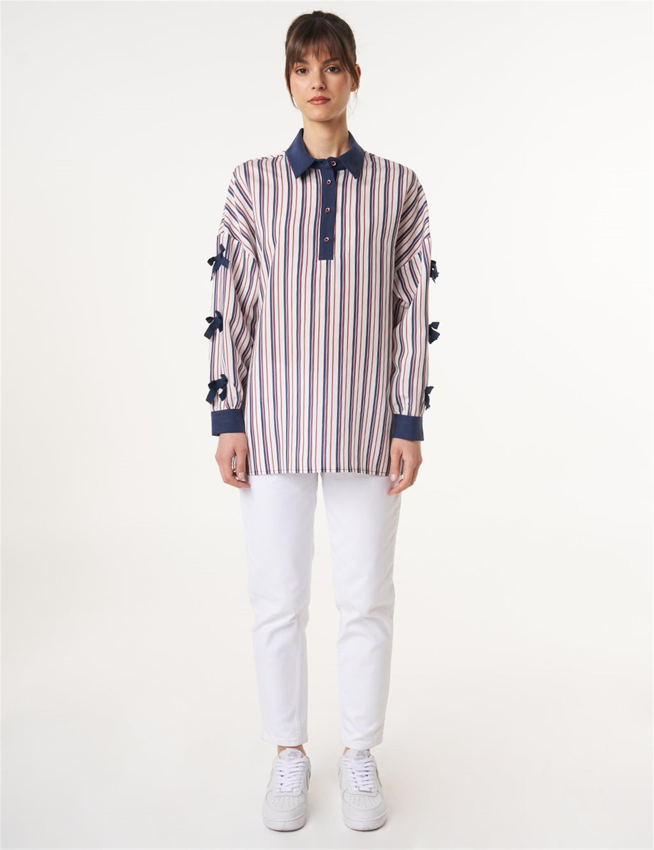 Fiyonk Detaylı Çizgi Desen Tunik Lacivert