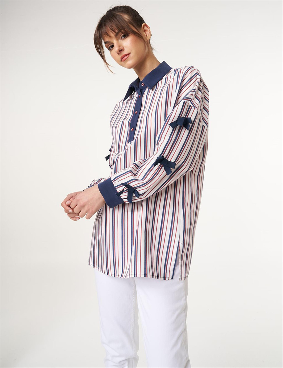 Fiyonk Detaylı Çizgi Desen Tunik Lacivert