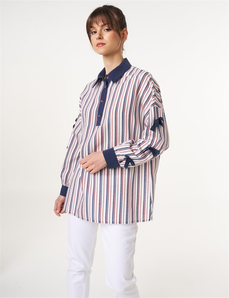 Fiyonk Detaylı Çizgi Desen Tunik Lacivert