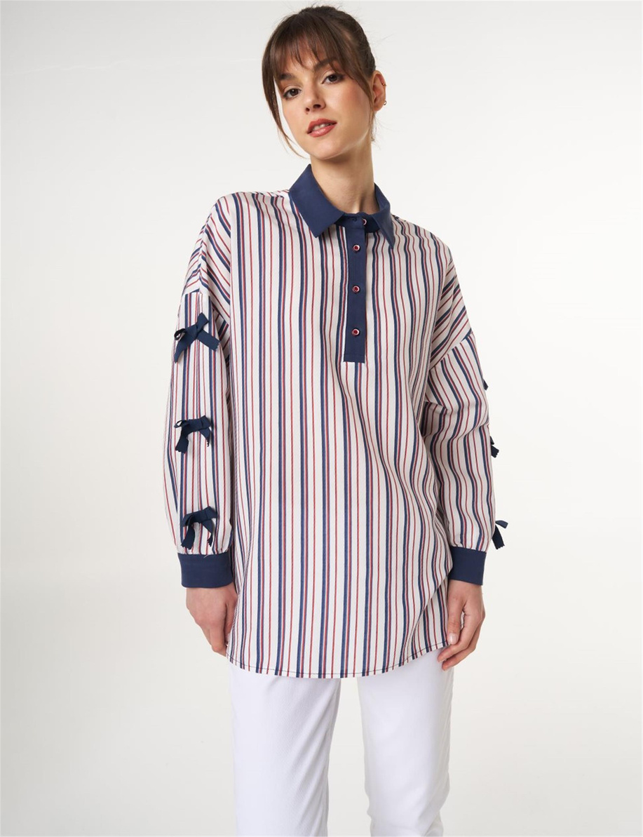 Fiyonk Detaylı Çizgi Desen Tunik Lacivert