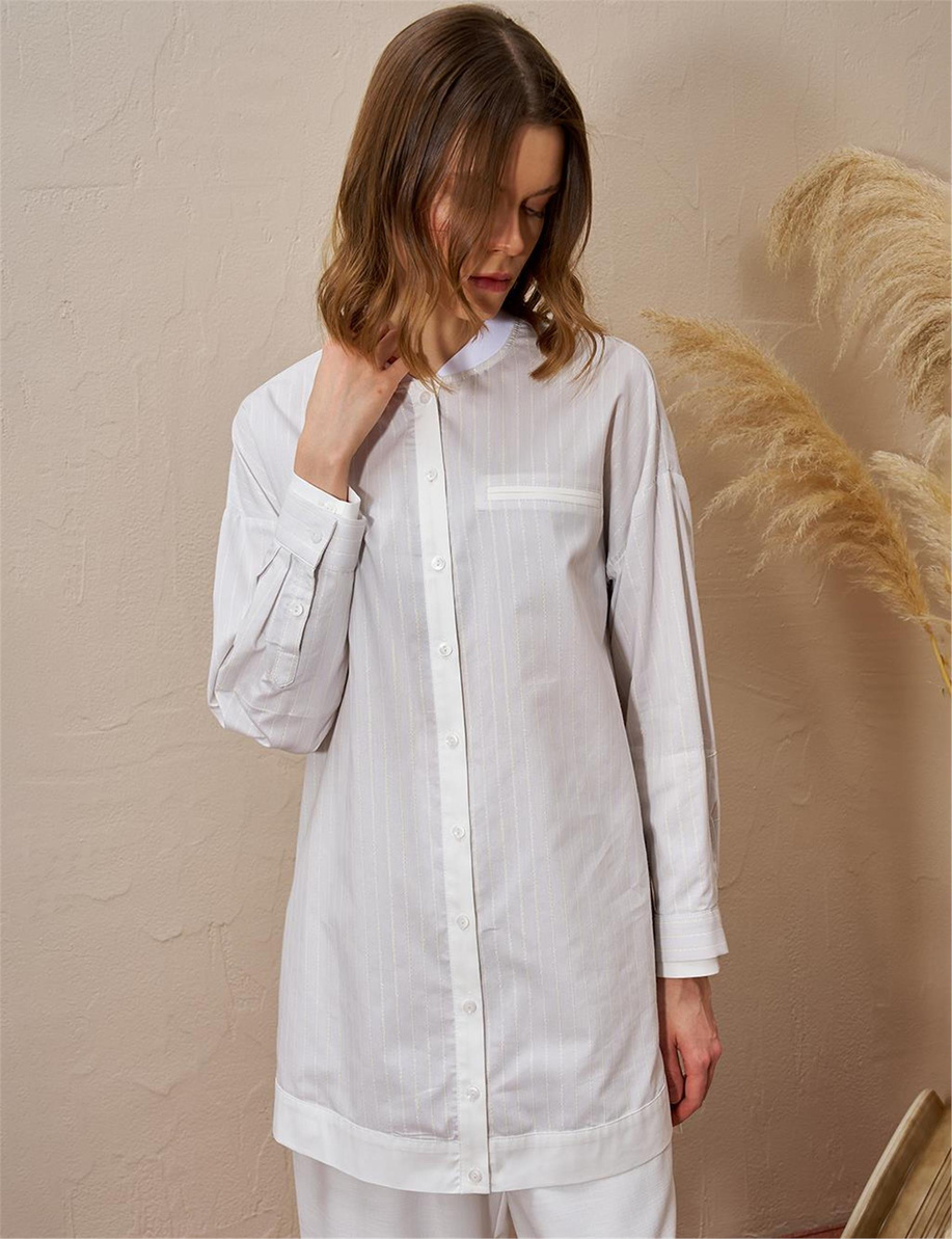 Fleto Cepli Çizgi Desen Tunik Gri