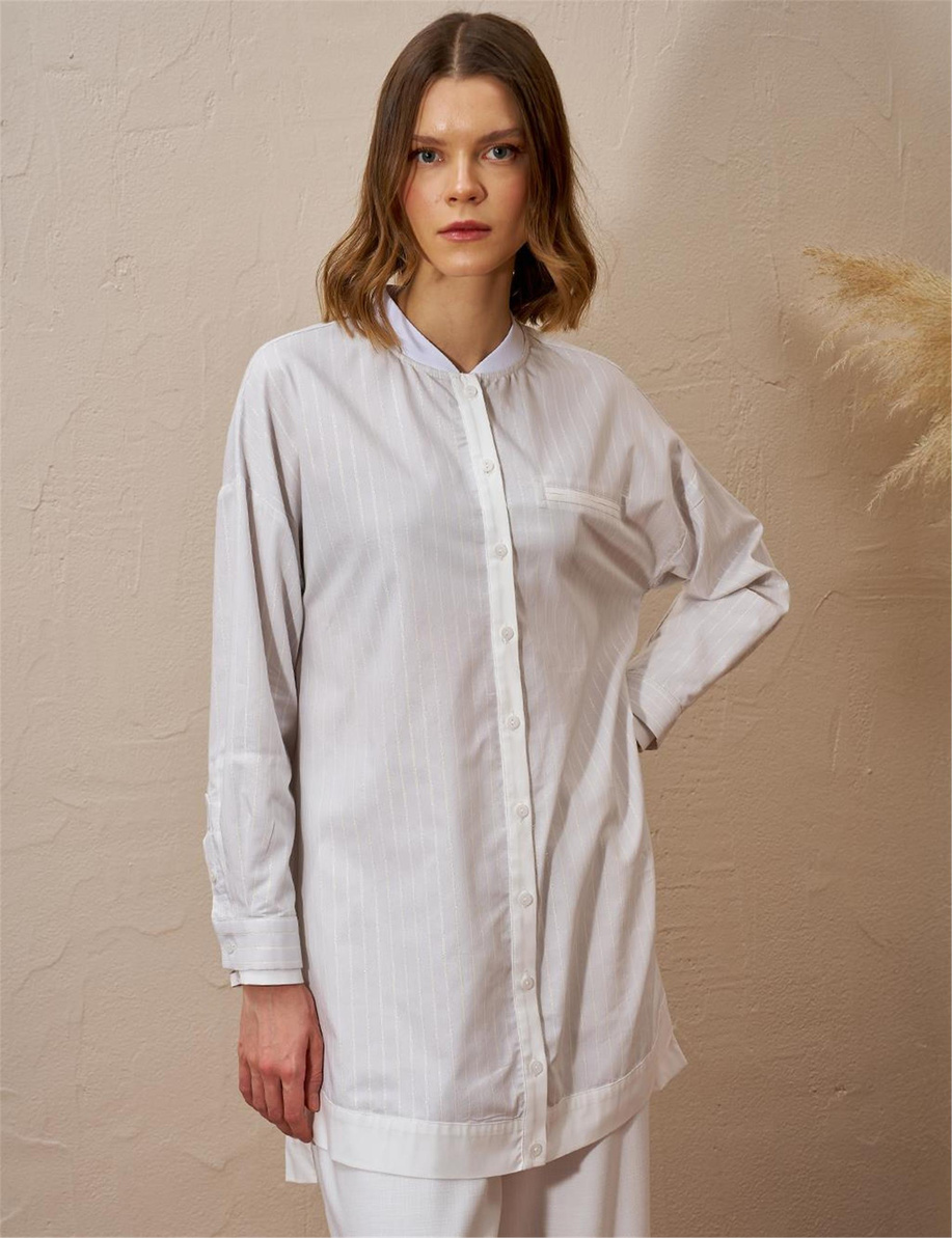 Fleto Cepli Çizgi Desen Tunik Gri