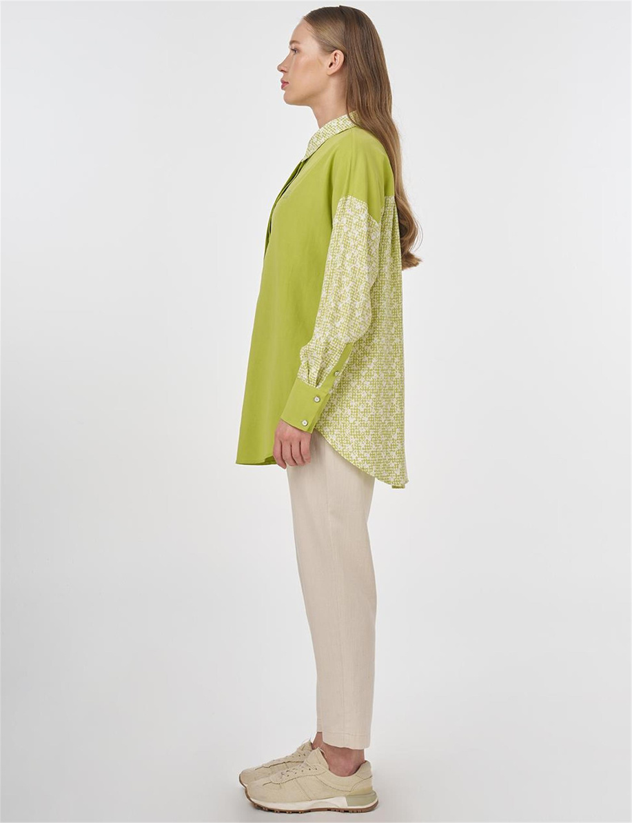 Floral Desen Gömlek Yaka Tunik Fıstık Yeşili
