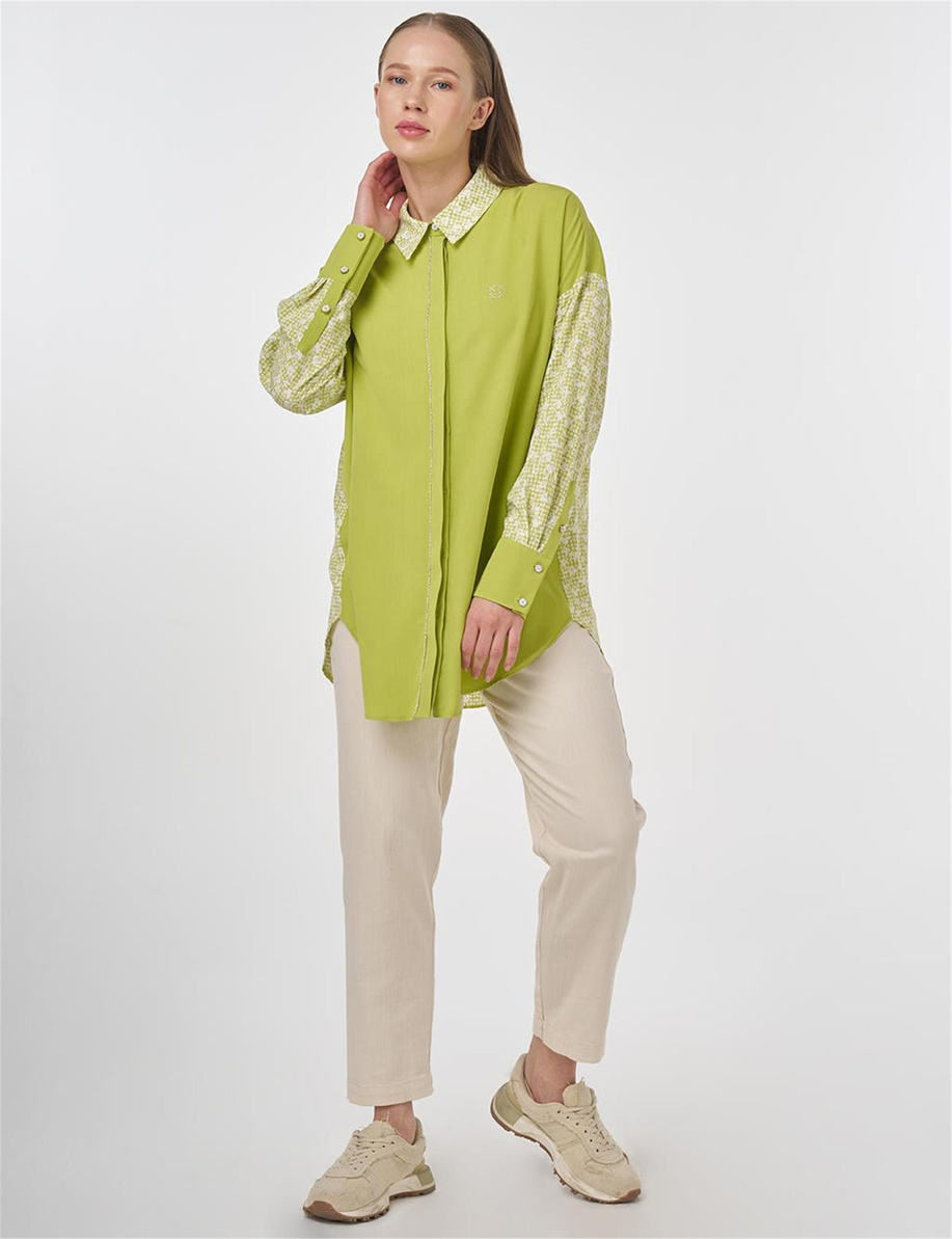 Floral Desen Gömlek Yaka Tunik Fıstık Yeşili