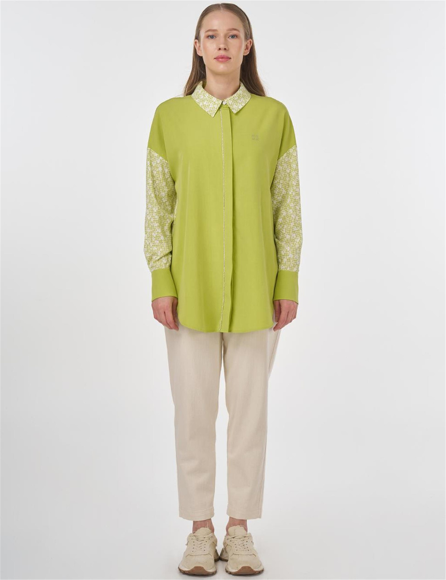 Floral Desen Gömlek Yaka Tunik Fıstık Yeşili
