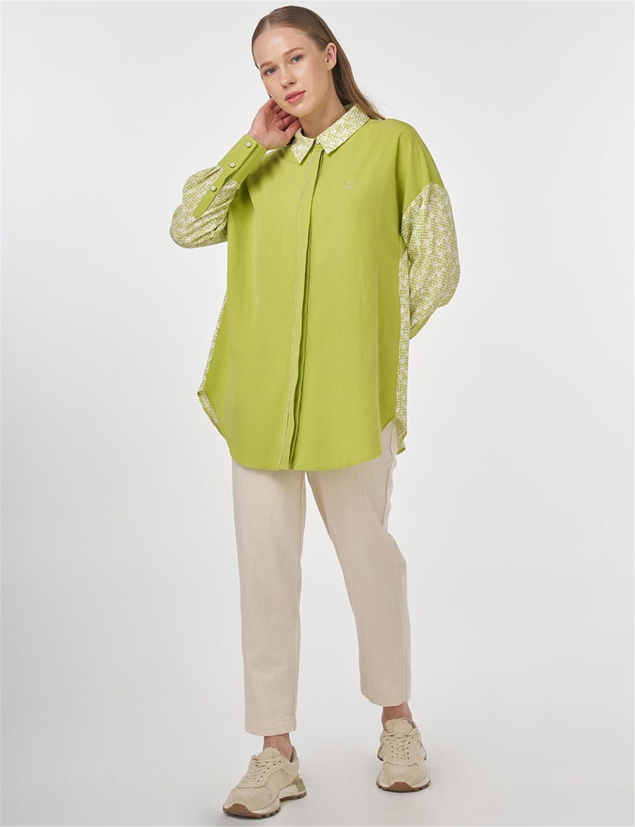 Floral Desen Gömlek Yaka Tunik Fıstık Yeşili