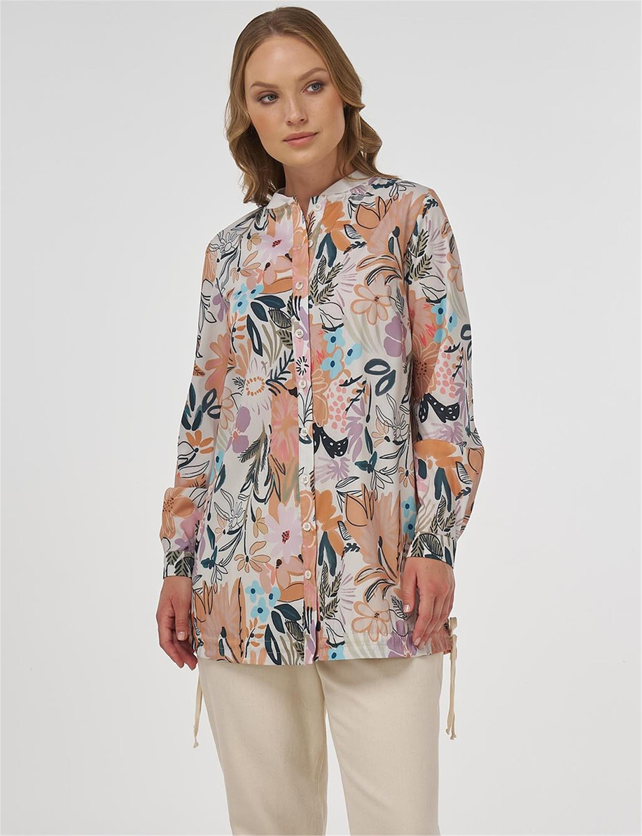 Floral Desenli Bağcıklı Tunik Krem