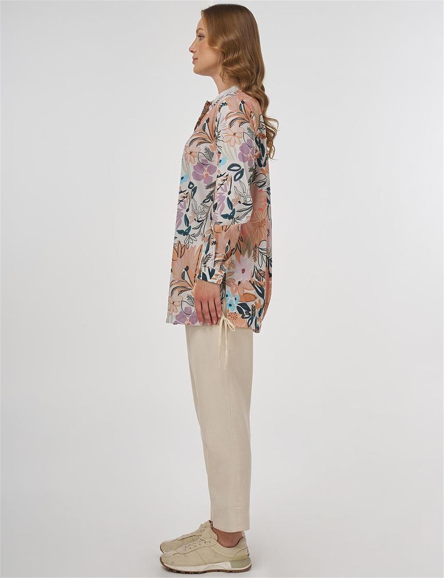 Floral Desenli Bağcıklı Tunik Krem