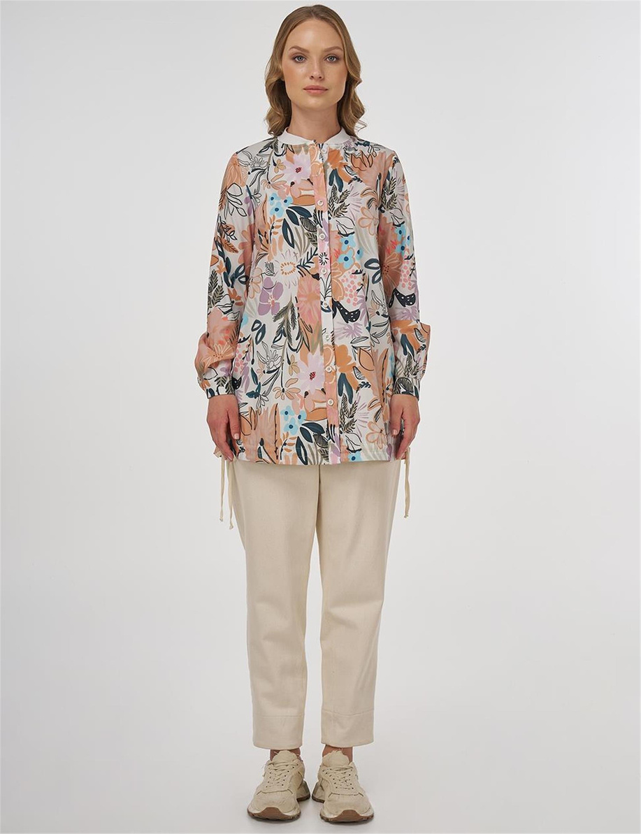 Floral Desenli Bağcıklı Tunik Krem