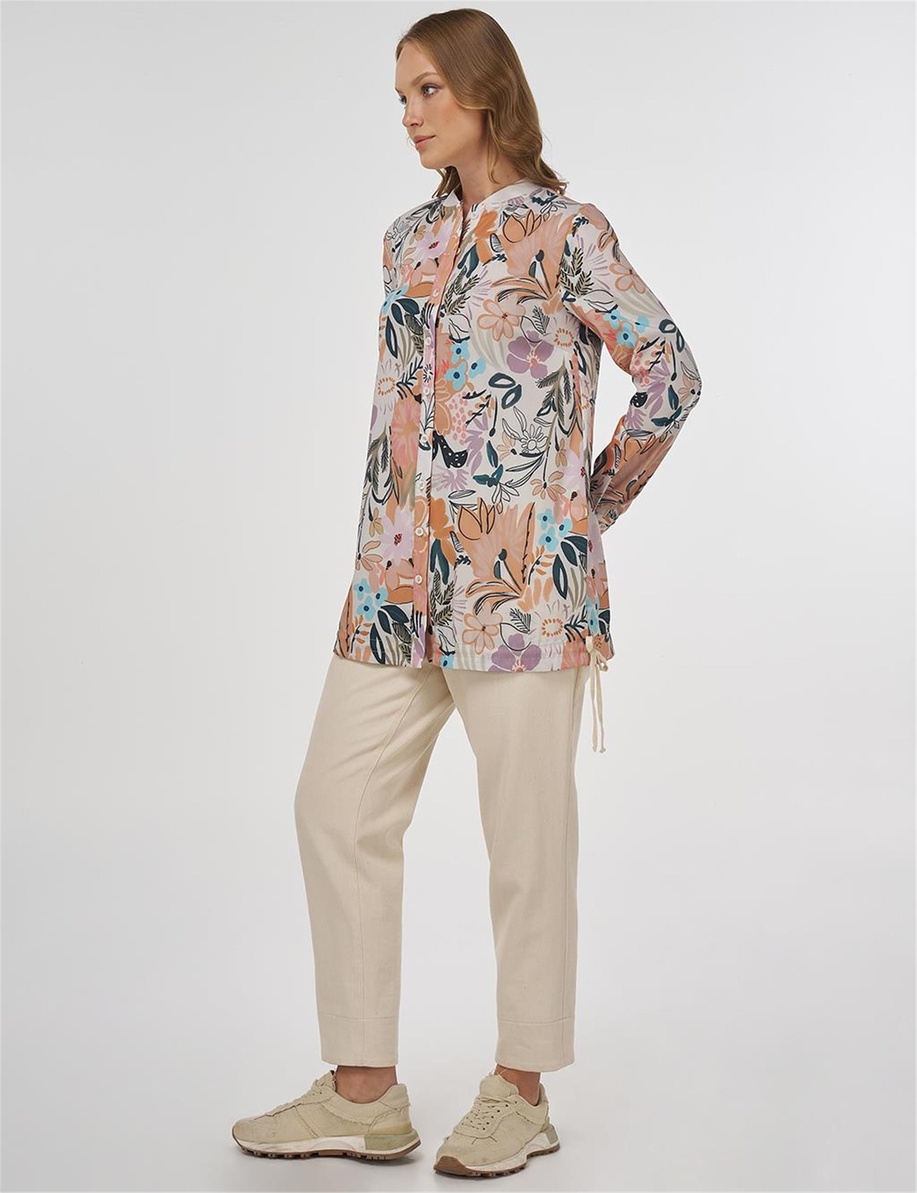 Floral Desenli Bağcıklı Tunik Krem