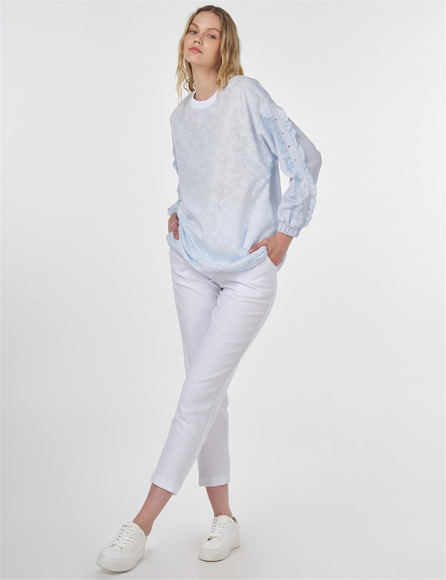 Floral Desenli Fırfırlı Sweatshirt Mavi