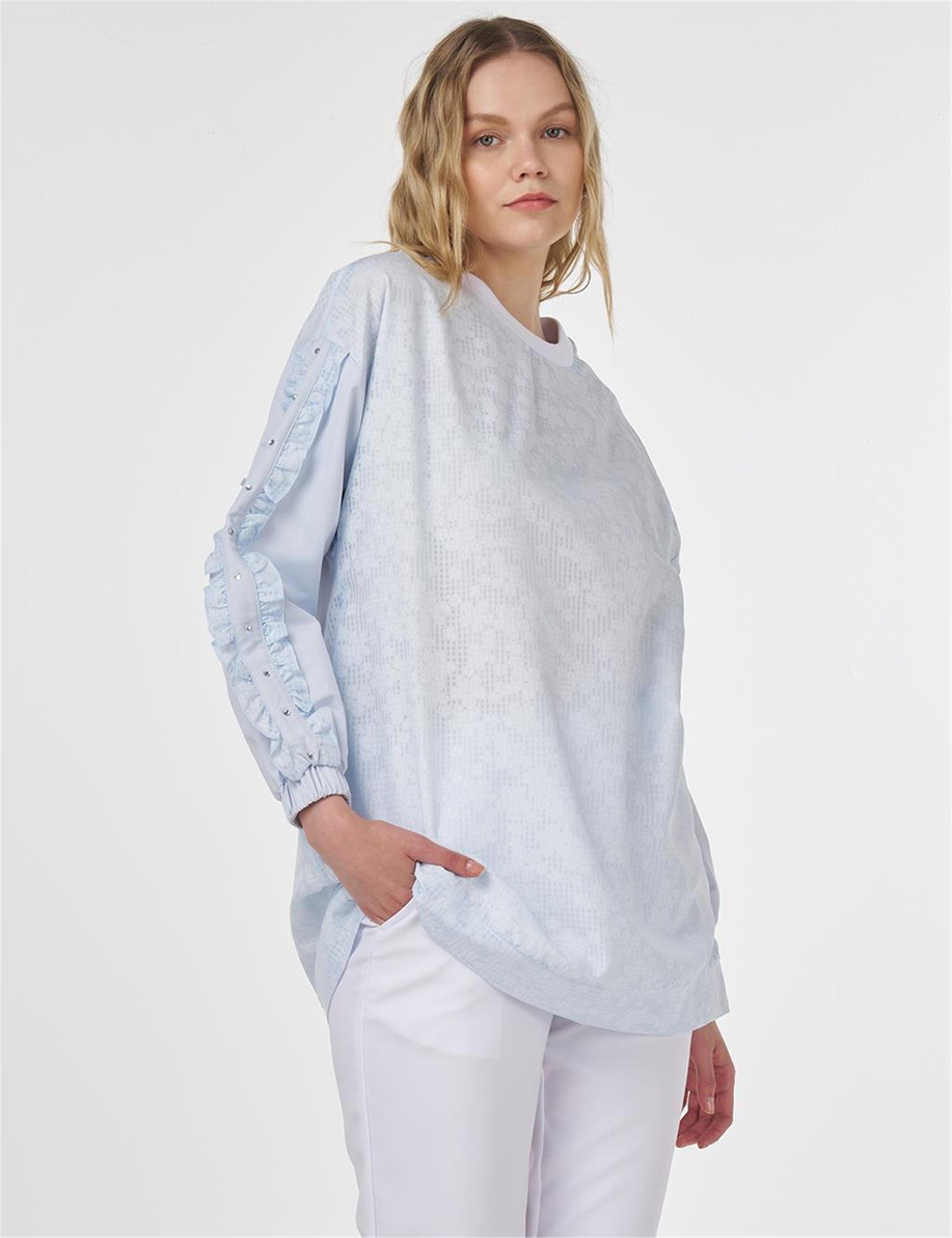 Floral Desenli Fırfırlı Sweatshirt Mavi