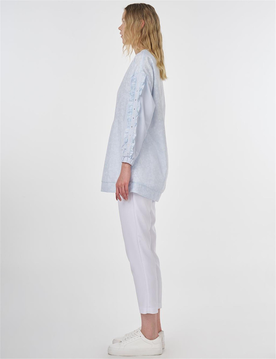 Floral Desenli Fırfırlı Sweatshirt Mavi