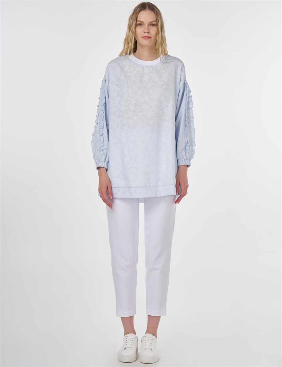 Floral Desenli Fırfırlı Sweatshirt Mavi