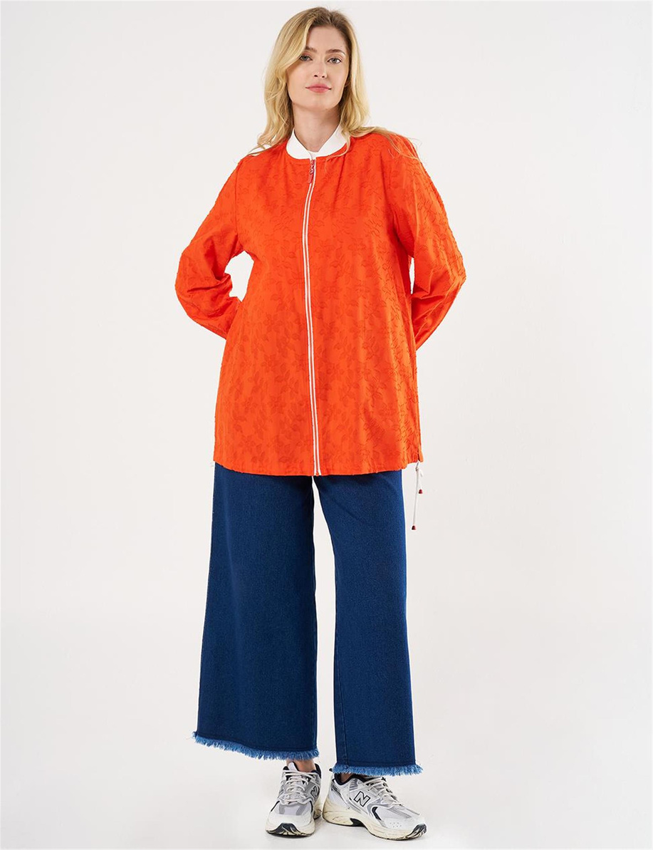 Floral Desenli Pamuklu Ceket Mercan