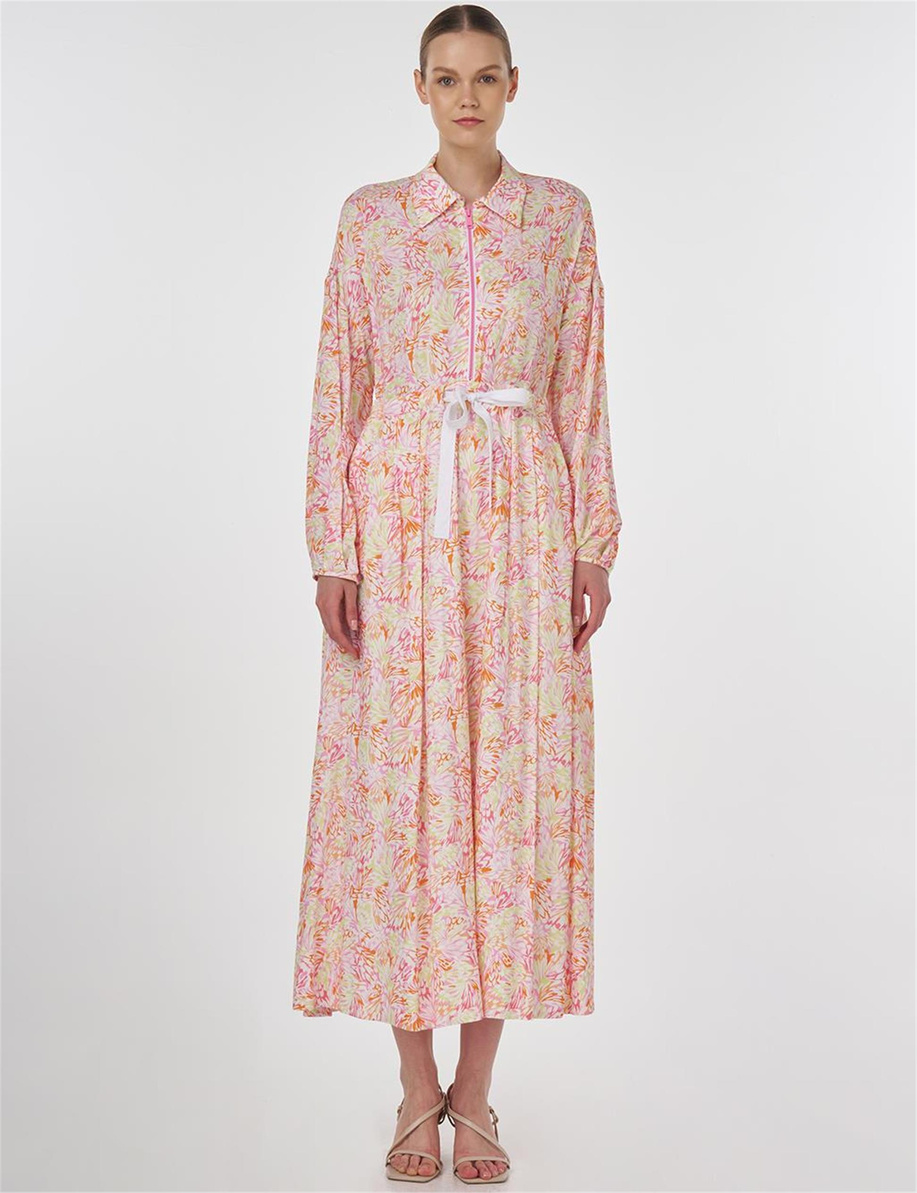 Floral Desenli Viskon Elbise Şeker Pembe