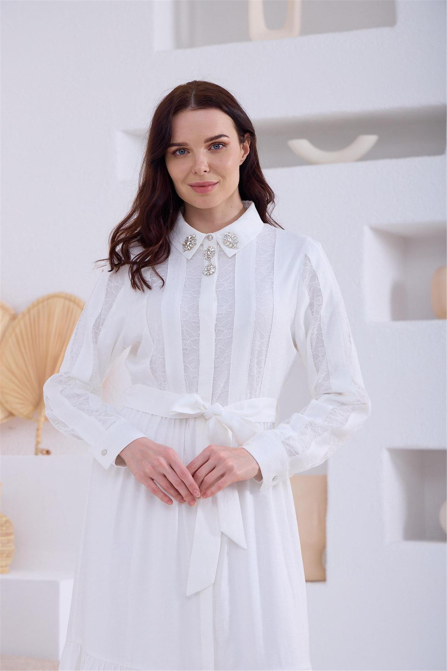 Fransız Dantelli İpek Cupra Elbise Ekru - 25YMA0606