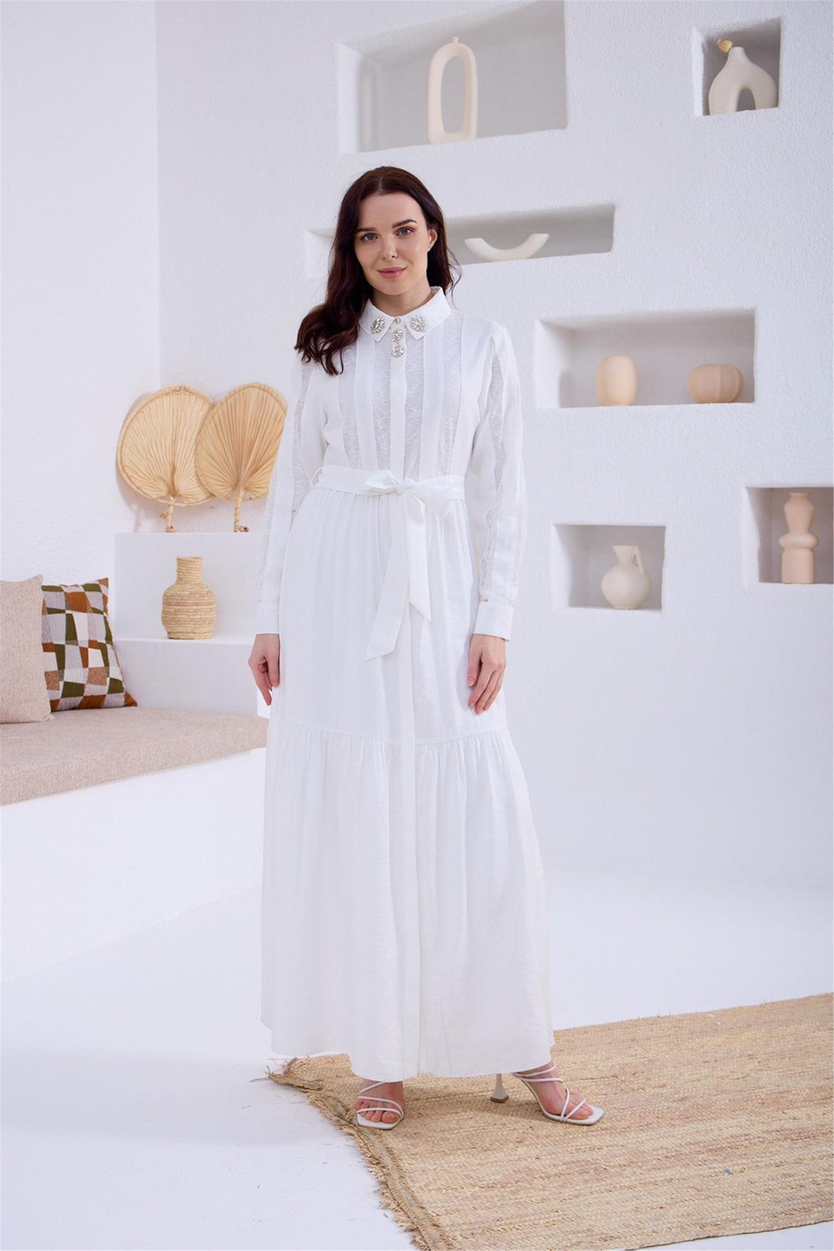 Fransız Dantelli İpek Cupra Elbise Ekru - 25YMA0606