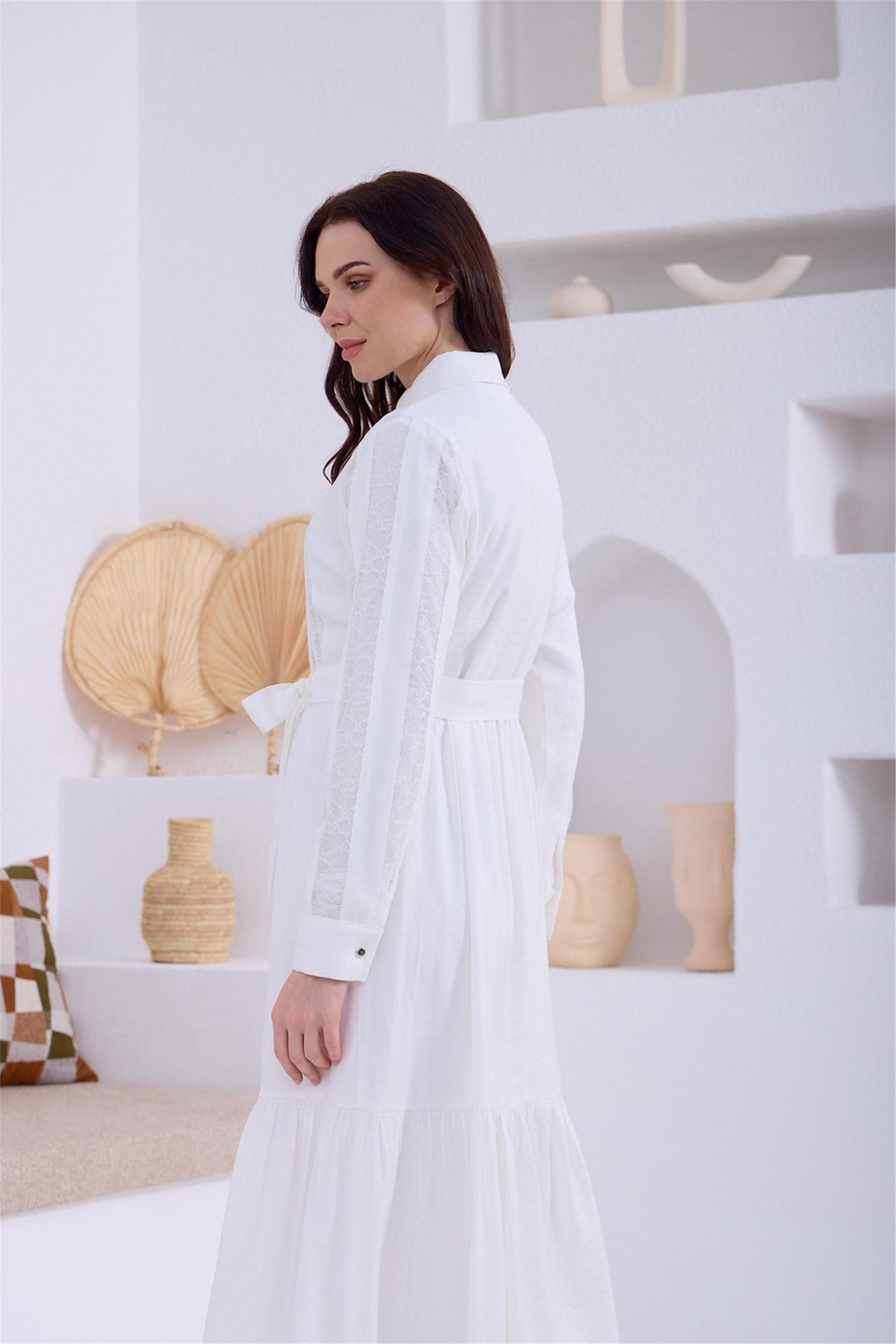 Fransız Dantelli İpek Cupra Elbise Ekru - 25YMA0606