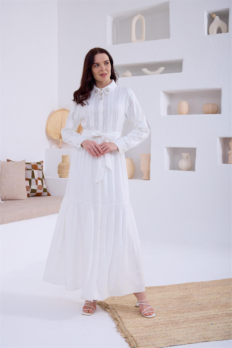 Fransız Dantelli İpek Cupra Elbise Ekru - 25YMA0606