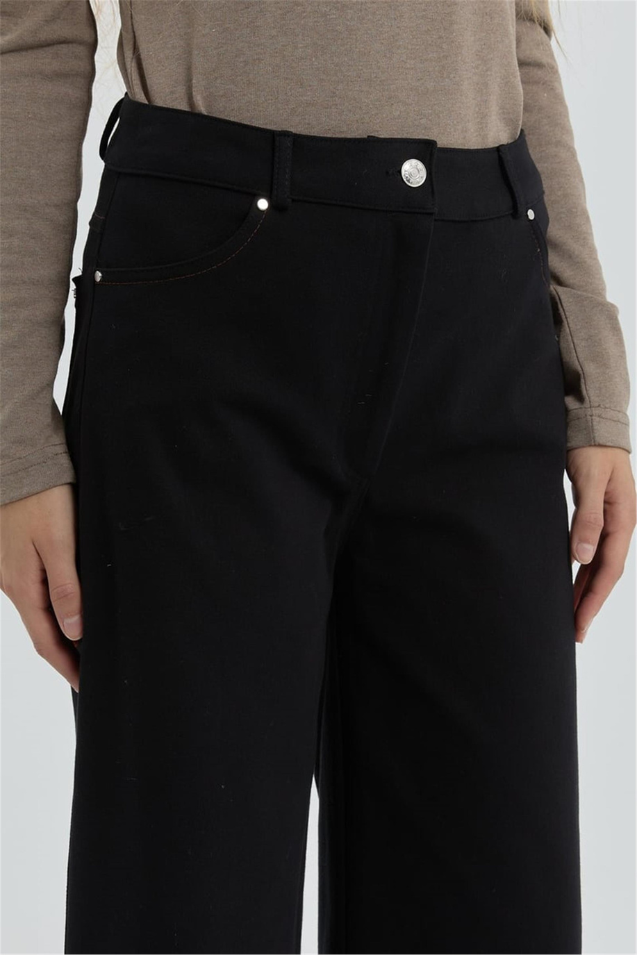 Gabardin Beli Lastikli Bol Paça Pantolon Siyah