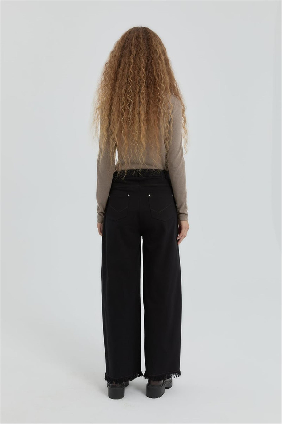 Gabardin Beli Lastikli Bol Paça Pantolon Siyah